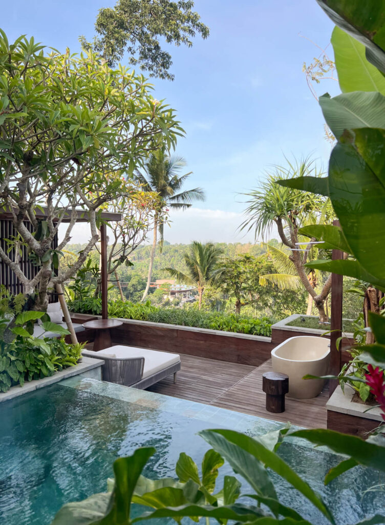 Private villa pool and bathtub with a jungle view in Bali