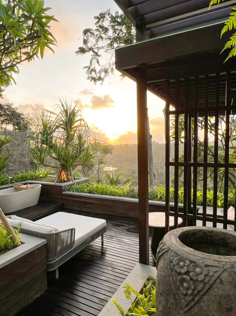 Outdoor lounge with sunset view at a luxury private villa in Bali
