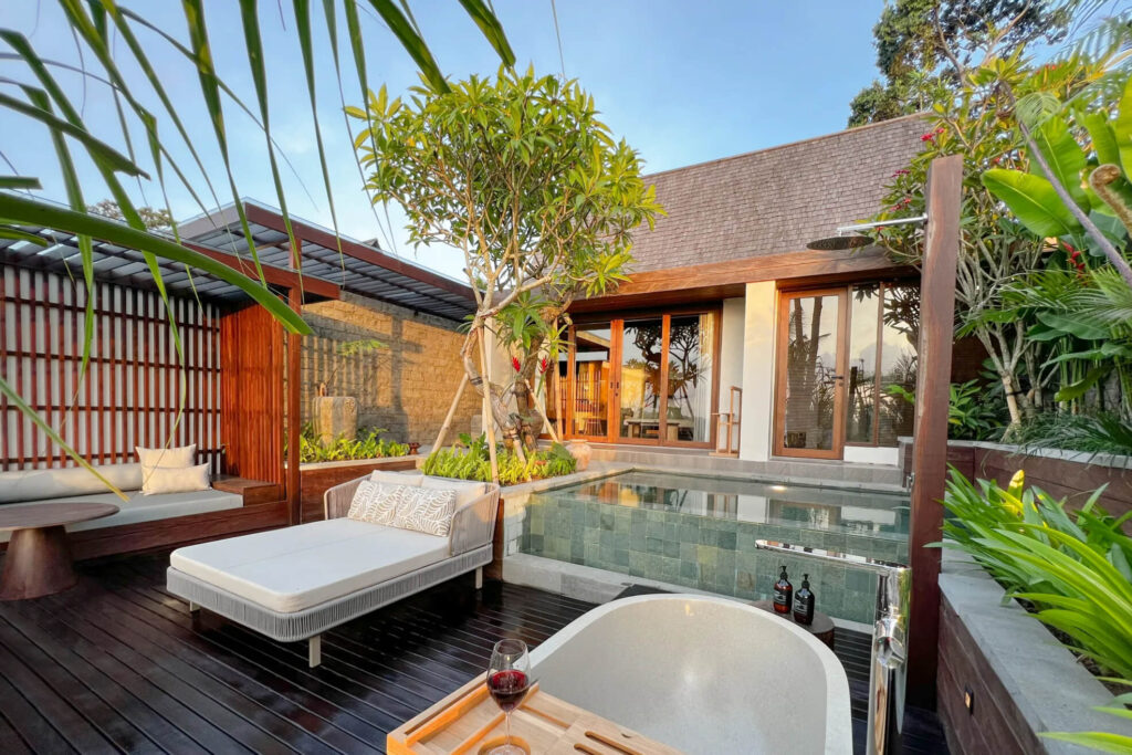 Luxury villa jacuzzi and spa with sunset view in Bali