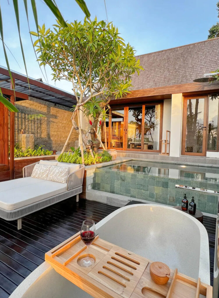 Private villa jacuzzi with wine and sunset view in Bali