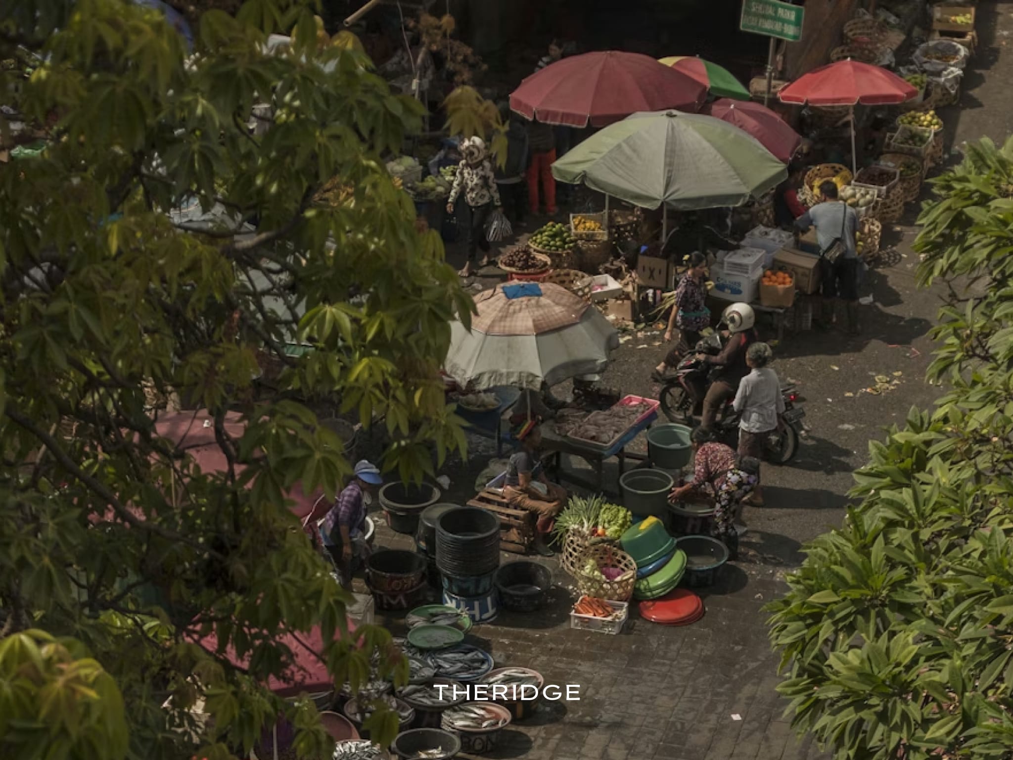 A high-angle view of the bustling daily activity at Ubud Market, showing local vendors with colorful umbrellas, baskets of produce, and motorbikes on the street.